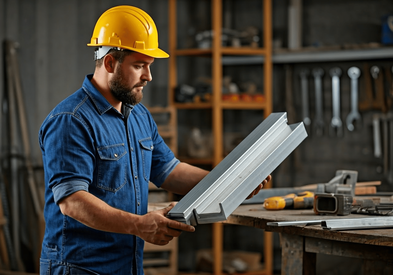 Worker with aluminum angle in workshop