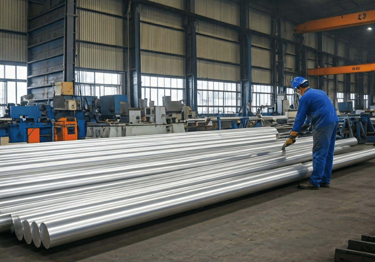 Workers using aluminum round bars